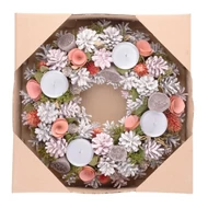 MagicHome karácsonyi koszorú, adventi, natúr, rózsaszín, szürke élek, 38 cm