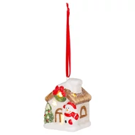 MagicHome karácsonyi dekoráció, Házikó hóemberrel, LED, terrakotta, felfüggeszthető, 5,8 x 5 x 7 cm