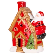 MagicHome karácsonyi dekoráció, Házikó Mikulással a tetőn, LED, terrakotta, felfüggesztő, 2x AAA, 27