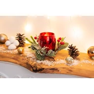 MagicHome karácsonyi gyertyatartó, 15,3 x 15,3 x 10 cm, piros, fenyőágakkal, fautánzat