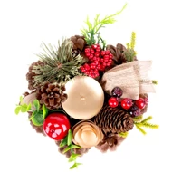 MagicHome karácsonyi gyertyatartó, fenyőágakkal és masnival, natúr, 15 cm