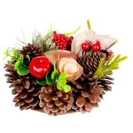 MagicHome karácsonyi gyertyatartó, fenyőágakkal és masnival, natúr, 15 cm