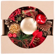 MagicHome karácsonyi gyertyatartó, fenyőágakkal és virággal, natúr, 15 cm