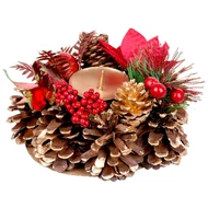 MagicHome karácsonyi gyertyatartó, fenyőágakkal és virággal, natúr, 15 cm