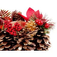 MagicHome karácsonyi gyertyatartó, fenyőágakkal és virággal, natúr, 15 cm