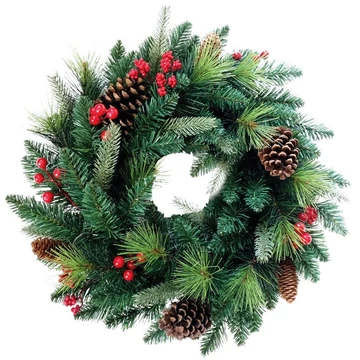 MagicHome karácsonyi koszorú, Berry, natúr, fenyőágakkal és tobozokkal, 45 cm