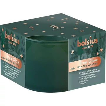 Gyertya bolsius True Glow, karácsonyi, üvegben, természetes viasz, téli fa illat, 24 óra, 63 x 90 mm