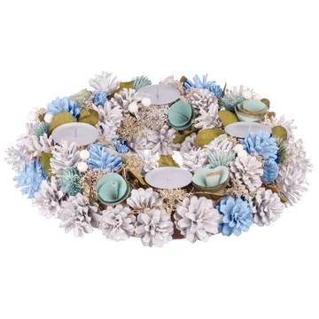 MagicHome karácsonyi koszorú, adventi, natúr, kék, szürke élek, 38 cm