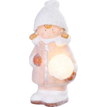 MagicHome karácsonyi szobor, Lány hógolyóval, 1 LED, terrakotta,14 x 13 x 25 cm