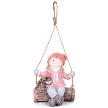 MagicHome karácsonyi szobor, Lány hintán sündisznóval, függő, kerámia, 31,5 x 28 x 36 cm