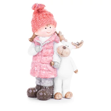 MagicHome karácsonyi szobor, Lány rénszarvassal, kerémia, 13,5 x 7,5 x 21 cm