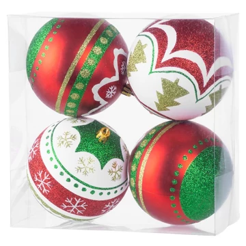 MagicHome karácsonyi gömbök, 4 db, piros-zöld, díszítéssel, karácsonyfára, 10 cm