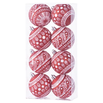 MagicHome karácsonyi gömbök, 8 db, 6 cm, piros fehér díszítéssel, karácsonyfára