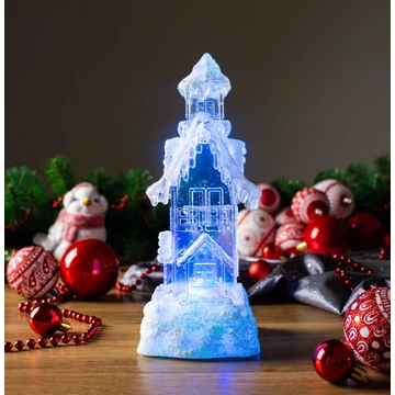 MagicHome karácsonyi dekoráció, Házikó, LED, színváltozó, lebegő csillámmal, PE, 2x AA, 9,5 x 9,5 x