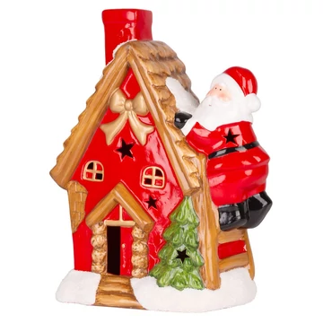 MagicHome karácsonyi dekoráció, Házikó Mikulással a tetőn, LED, terrakotta, felfüggesztő, 2x AAA, 27