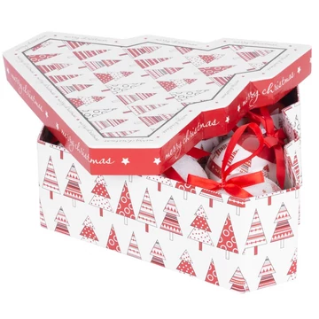 MagicHome karácsonyi gömbök, karácsonyfákkal, 6 db, 7,5 cm, piros-fehér karácsonyfára