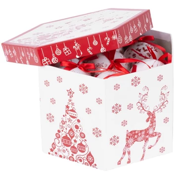 MagicHome karácsonyi gömbök, karácsonyfákkal, 14 db, 7,5 cm, piros-fehér karácsonyfára