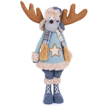 MagicHome karácsonyi szobor, Rénszarvas fiú kék kardigánban, szövet, 24 x 18 x 55 cm