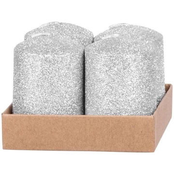 MagicHome karácsonyi gyertya, 4 x 6 cm, 4 db/csomag, ezüst, csillámokkal, adventi