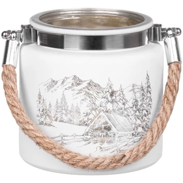 MagicHome karácsonyi gyertyatartó,10 x 10 cm, fehér, tájképpel, zsinórral