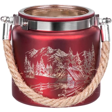 MagicHome karácsonyi gyertyatartó,10 x 10 cm, piros, tájképpel, zsinórral