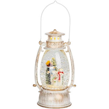 MagicHome Karácsonyi retró lámpa, LED, hóemberrel, csillámokkal, fehér, 3x AA, műanyag, 13 x 11 x 24