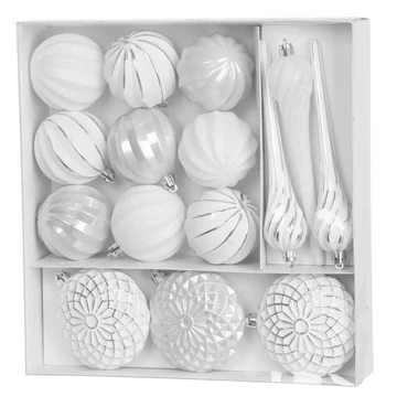 MagicHome karácsonyi gömbök, készlet, 15 db, 3,5-6-8 cm, fehér-ezüst, karácsonyfára