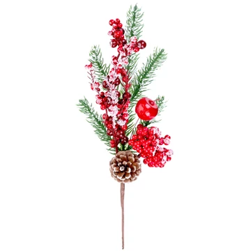 MagicHome karácsonyi ág, bogyókkal és tobozokkal, piros, havas, 32 cm