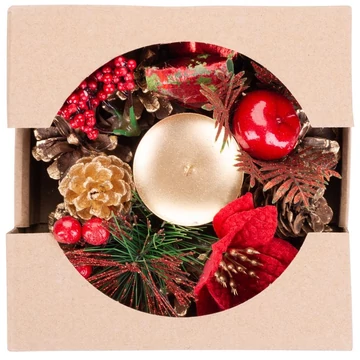 MagicHome karácsonyi gyertyatartó, fenyőágakkal és virággal, natúr, 15 cm