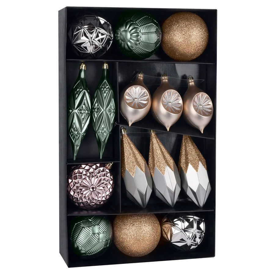 MagicHome karácsonyi gömbök, készlet, 16 db, réz-zöld, karácsonyfára, 8-15 cm