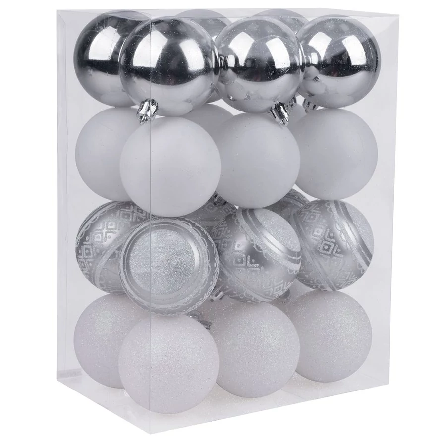 MagicHome karácsonyi gömbök, 24 db, fehér-ezüst, mix, karácsonyfára, 6 cm