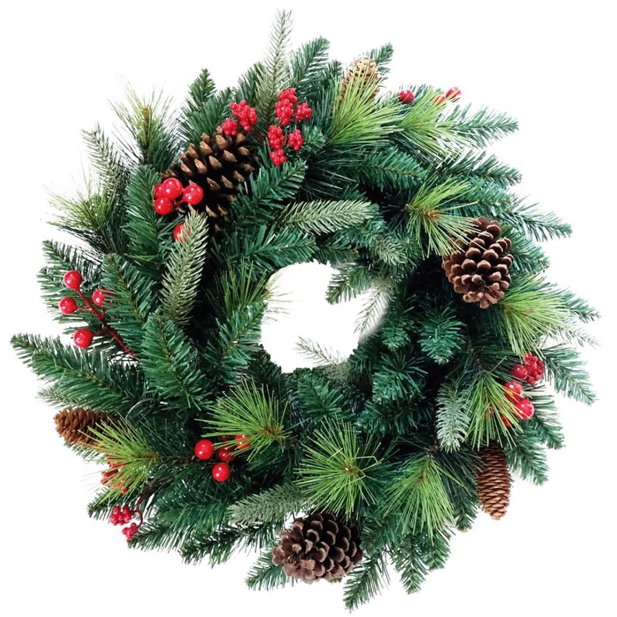 MagicHome karácsonyi koszorú, Berry, natúr, fenyőágakkal és tobozokkal, 45 cm