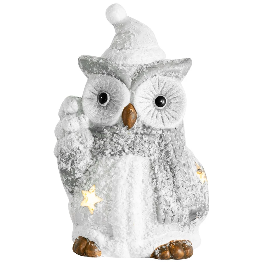 MagicHome karácsonyi szobor, Bagoly fenyőfával, LED, terrakotta,9 x 8 x 16 cm