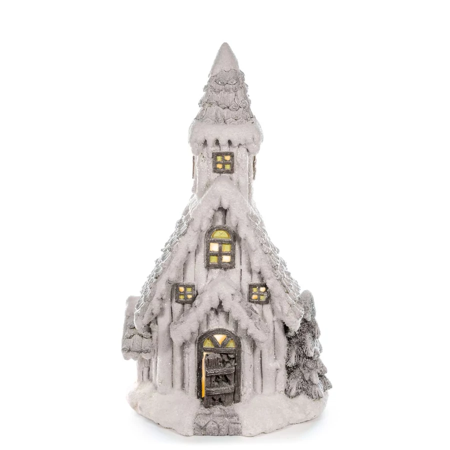 MagicHome karácsonyi dekoráció, Templom, 9 LED sárga, kerámia, 3x AAA, belső, 30 x 20,5 x 51,5 cm