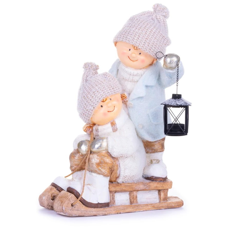 MagicHome karácsonyi szobor, Fiú lánnyal szánkón, kerámia, 34 x 24 x 46,5 cm