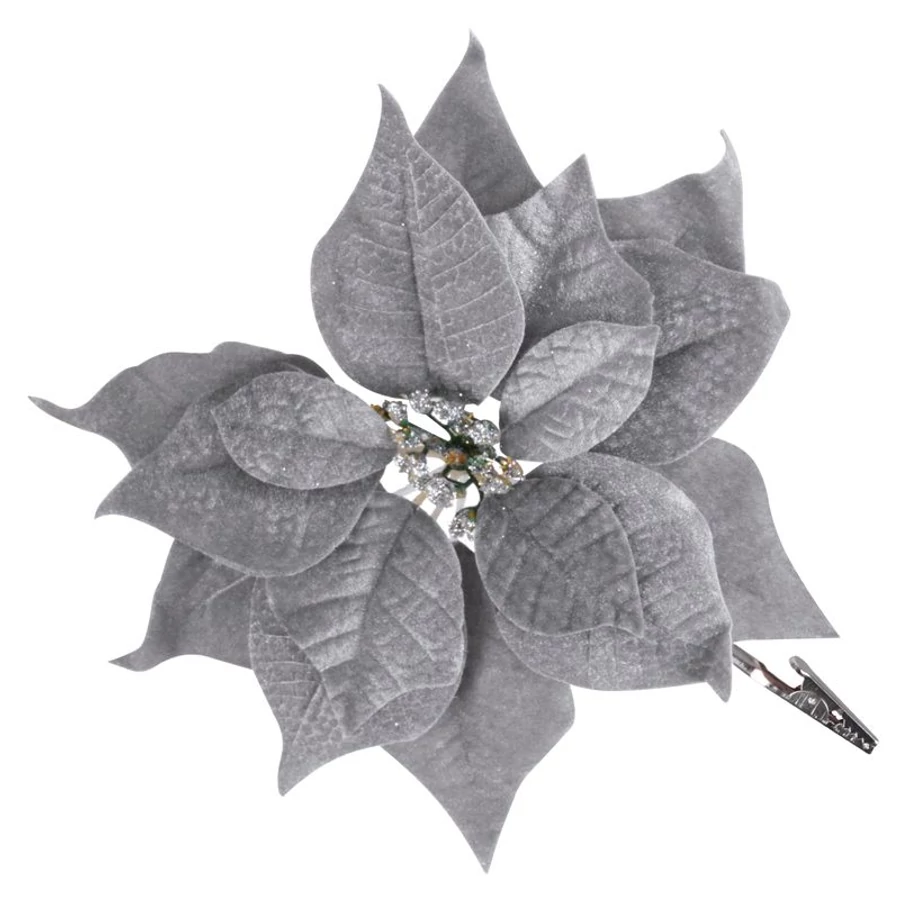 MagicHome karácsonyi virág, Poinsettia, csíptetővel, ezüst, virágméret: 25 cm, virághossz: 26 cm