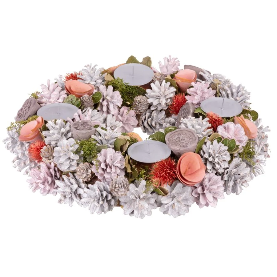 MagicHome karácsonyi koszorú, adventi, natúr, rózsaszín, szürke élek, 38 cm