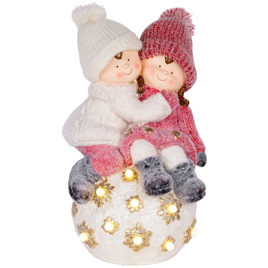 MagicHome karácsonyi dekoráció, Fiú és lány gömbön, 9 LED, 3x AA, kerámia, belső, 32,5 x 30 x 50 cm