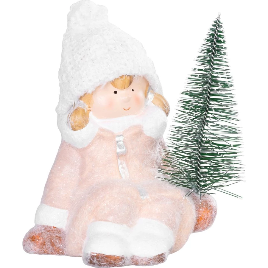 MagicHome karácsonyi szobor, Lány karácsonyfával, terrakotta, 14,5 x 13 x 17 cm