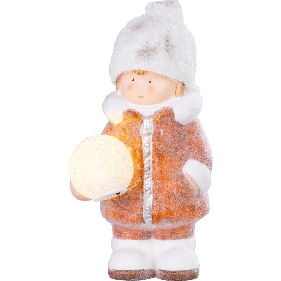 MagicHome karácsonyi szobor, Fiú hógolyóval, 1 LED, 14 x 13 x 25 cm