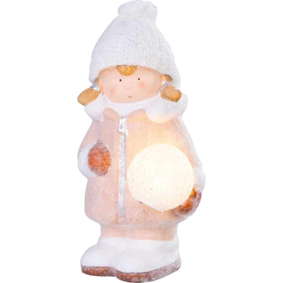 MagicHome karácsonyi szobor, Lány hógolyóval, 1 LED, terrakotta,14 x 13 x 25 cm