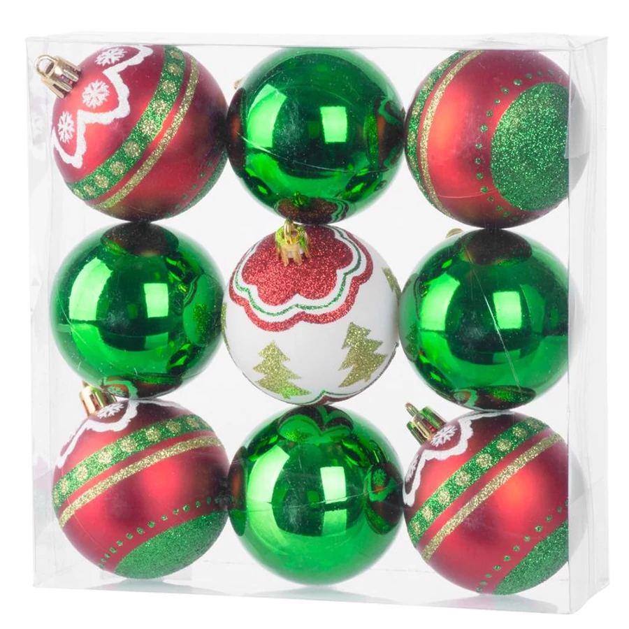 MagicHome karácsonyi gömbök, 9 db, készlet, piros-zöld, dekorációval, karácsonyfára, 6 cm