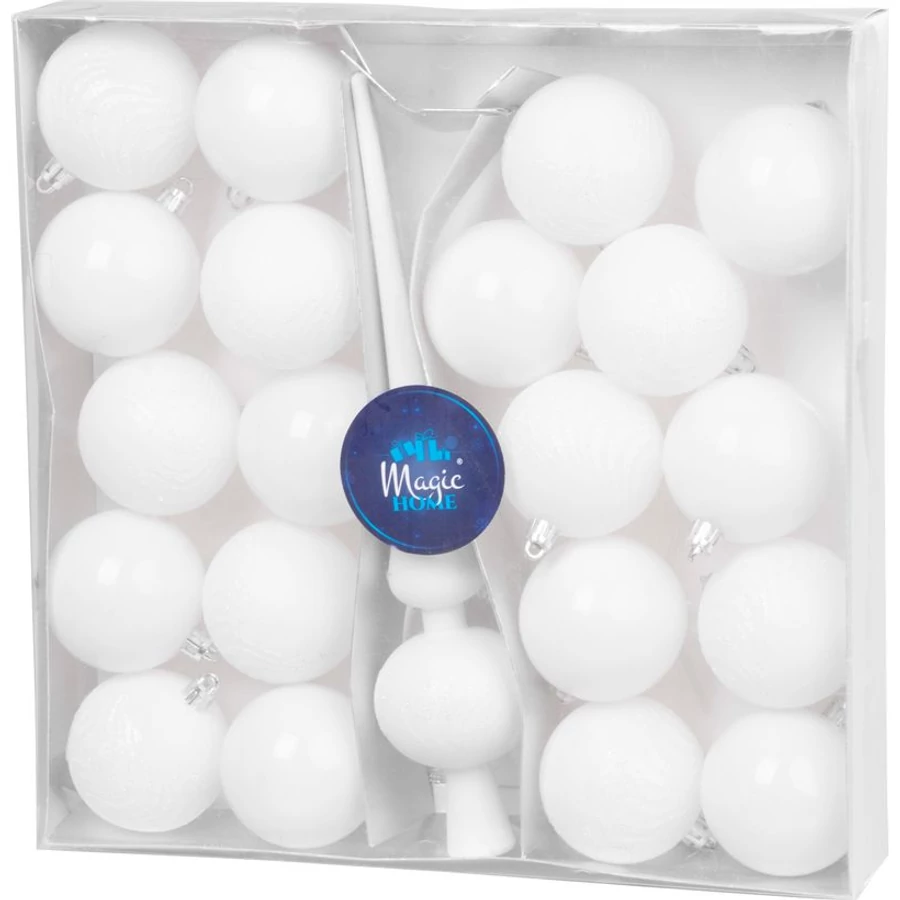 MagicHome karácsonyi gömbök, készlet, 21 db, 6 cm, fehér, csúcs, karácsonyfára