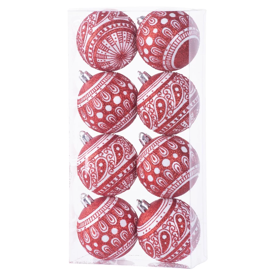 MagicHome karácsonyi gömbök, 8 db, 6 cm, piros fehér díszítéssel, karácsonyfára