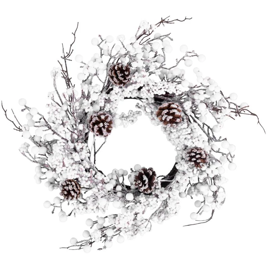 MagicHome karácsonyi koszorú, havas gömbökkel és tobozokkal, 50 x 50 x 14 cm