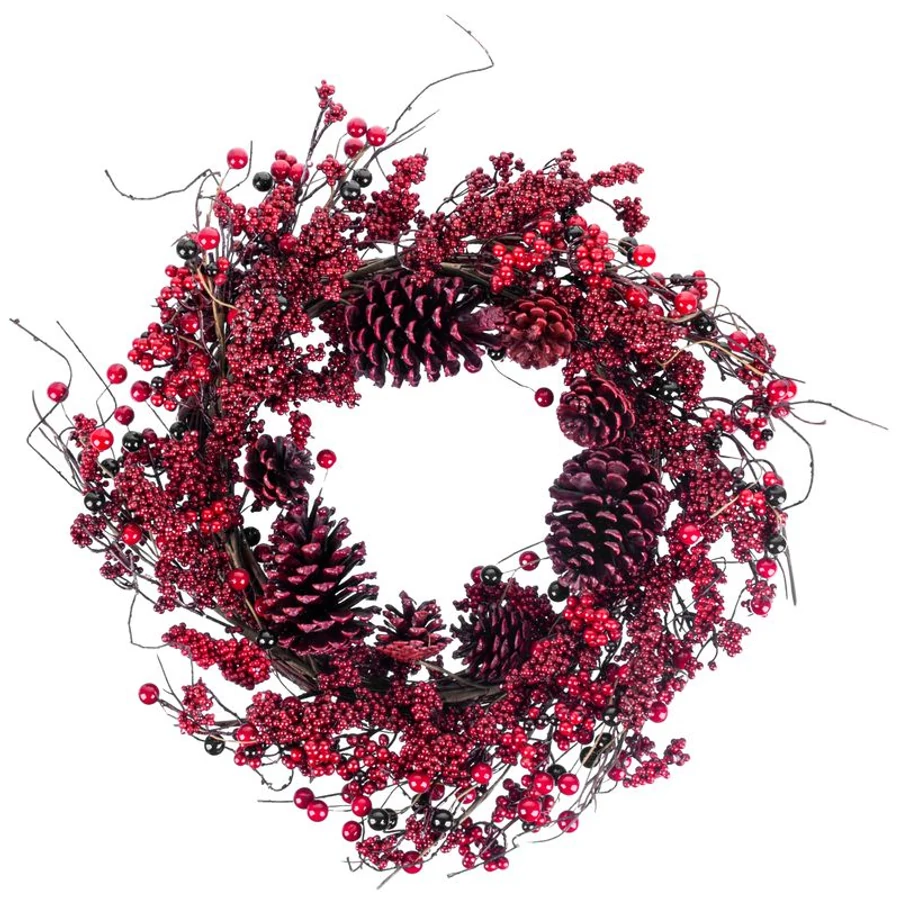 MagicHome karácsonyi koszorú, fonott, fenyőágakkal, piros, 60 x 60 x 15 cm