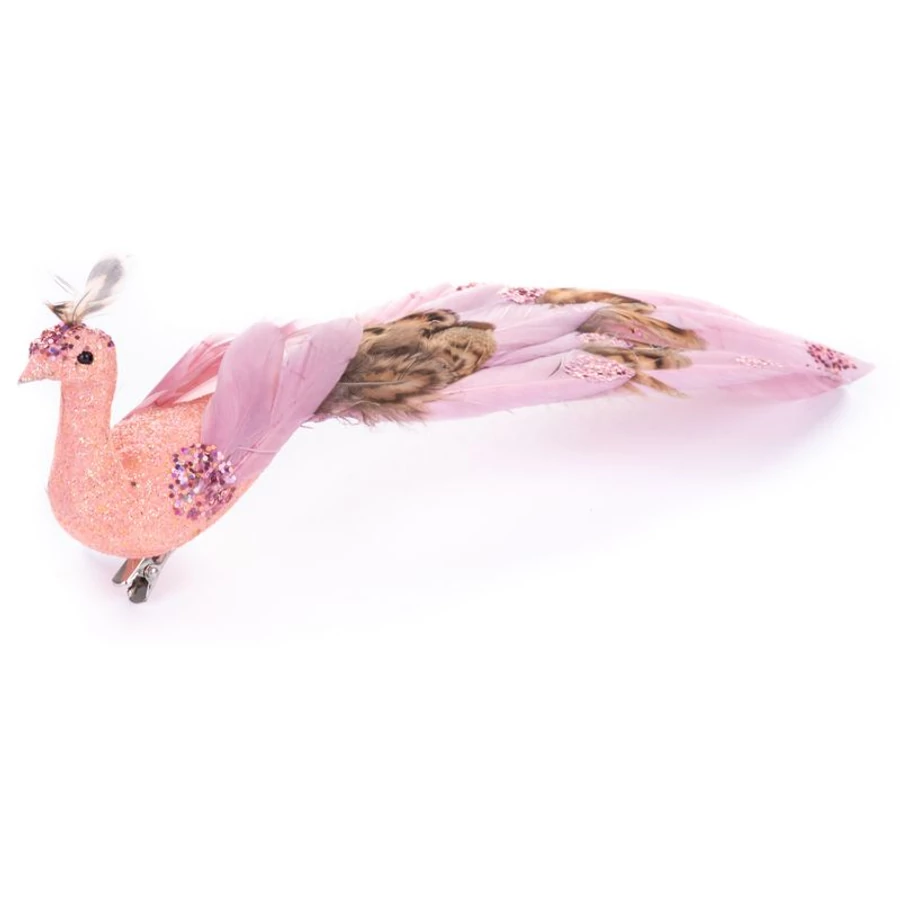 Madár MagicHome karácsony, rózsaszín páva csipesszel, 23 cm