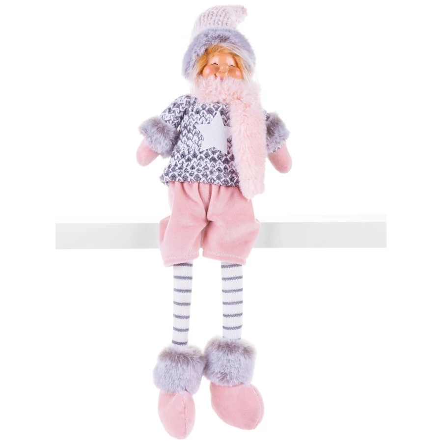 MagicHome karácsonyi szobor, Fiú magas kalappal, szövet, rózsaszín-szürke, 17 x 12 x 54 cm
