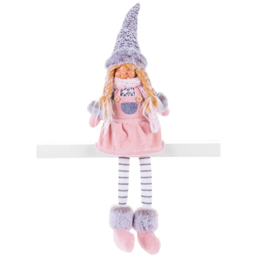 MagicHome karácsonyi szobor, Lány magas kalappal, szövet, rózsaszín-szürke, 17 x 12 x 54 cm