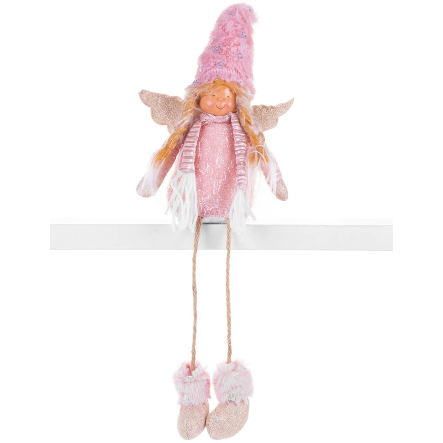 MagicHome karácsonyi szobor, Angyal szőke copfokkal szoknyával, szövet, rózsaszín-barna, 17,5 x 10 x